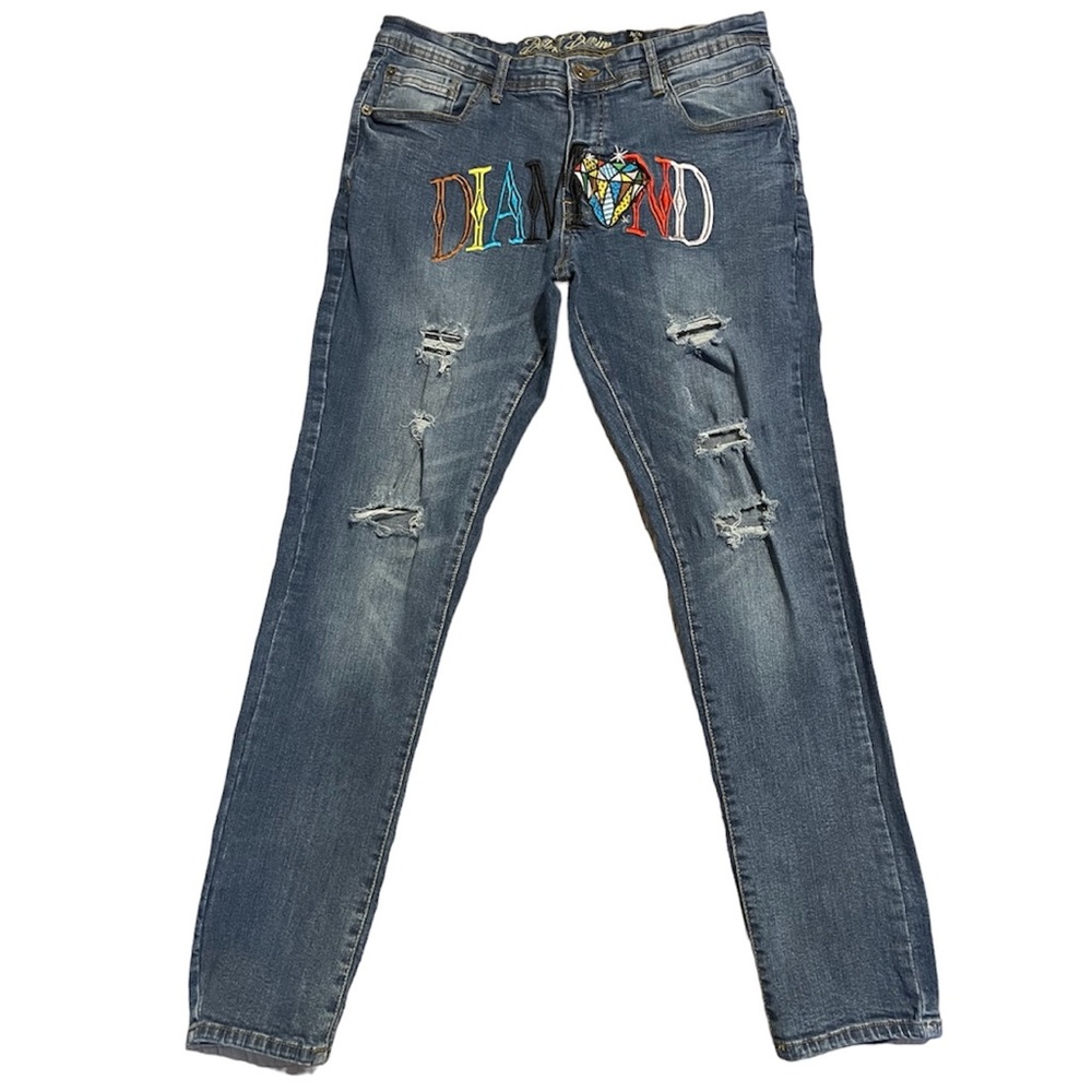 DSTRKT DENIM DISTRESSED JEANS "DIAMOND" EMBROIDERED SIZE 36 VINTAGE BLUE